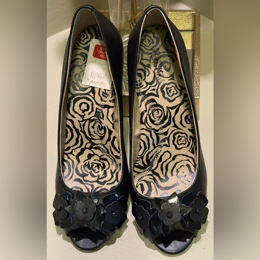 Kenneth Cole Reaction 10M Wedge Women Over Chill Black Peep Toe Shoe Leather